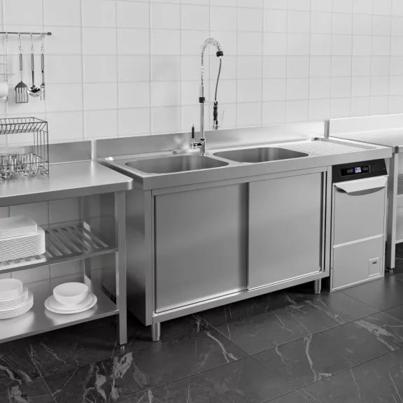 Mosogató szekrény kétmedencés ipari 500x500x300, jobb oldalon túlnyúló csepegtetővel, külső méret: 1800x700x850 mm