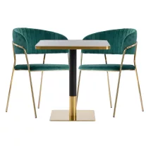   Kávézóasztal szett: négyzet asztal 70×70 cm fekete márvány + 2 Glamour szék – sötétzöld