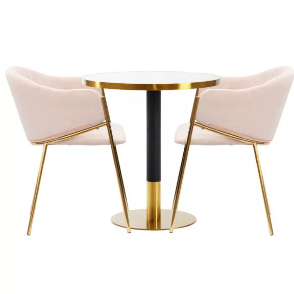 Kávézóasztal szett: kerek asztal Ø70 cm fehér márvány + 2 Glamour szék – púderrózsaszín Kávézóasztal szett: kerek asztal Ø70 cm fehér márvány + 2 Glamour szék – púderrózsaszín