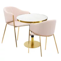   Kávézóasztal szett: kerek asztal Ø70 cm fehér márvány + 2 Glamour szék – púderrózsaszín
