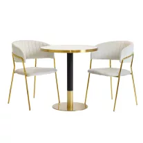   Kávézóasztal szett: kerek asztal Ø70 cm fehér márvány + 2 Glamour szék – szürke
