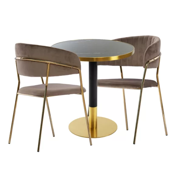 Kávézóasztal szett: kerek asztal Ø70 cm fekete márvány + 2 Glamour szék – cappuccino Kávézóasztal szett: kerek asztal Ø70 cm fekete márvány + 2 Glamour szék – cappuccino