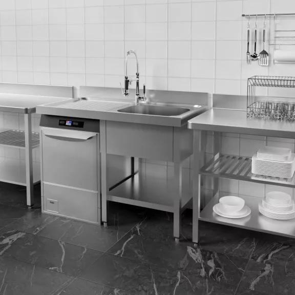 Mosogató egymedencés ipari 500x400x300, bal oldalon túlnyúló csepegtetővel, külső méret: 1400x600x850 mm szifonszettel