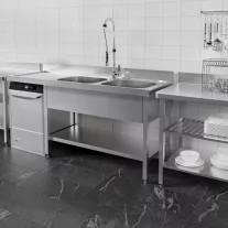   Mosogató kétmedencés ipari 400x400x250, bal oldalon túlnyúló csepegtetővel, külső méret: 1600x600x850 mm szifonszettel