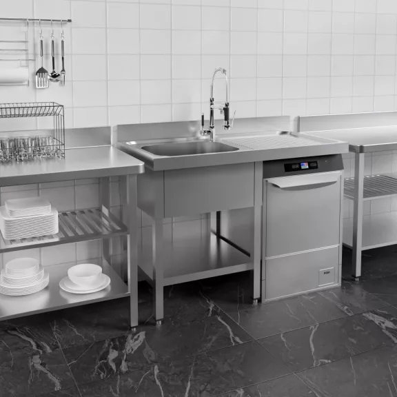 Mosogató egymedencés ipari 500x500x300, jobb oldalon túlnyúló csepegtetővel, külső méret: 1400x700x850 mm szifonszettel