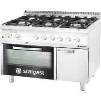 Stalgast Ipari PB-gázüzemű tűzhely, 6 égős, légkeveréses elektromos sütővel, 36,5 kW, G30, 1200 × 700 mm – 9717230