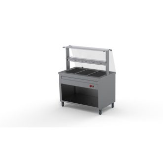   Melegentartó pult 3xGN1/1 egyenes üveges felépítménnyel köztes üvegpolccal 1150 mm fűtőpaplanos