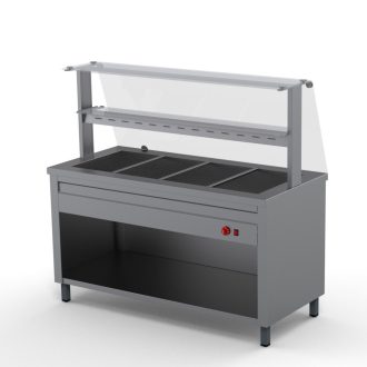   Melegentartó pult 4xGN1/1 egyenes üveges felépítménnyel köztes üvegpolccal 1500 mm fűtőpaplanos