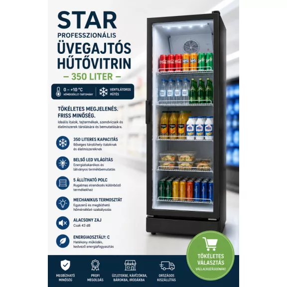 STAR Professzionális Üvegajtós Hűtővitrin – 350 liter – pkpk350sc STAR Professzionális Üvegajtós Hűtővitrin – 350 liter – pkpk350sc